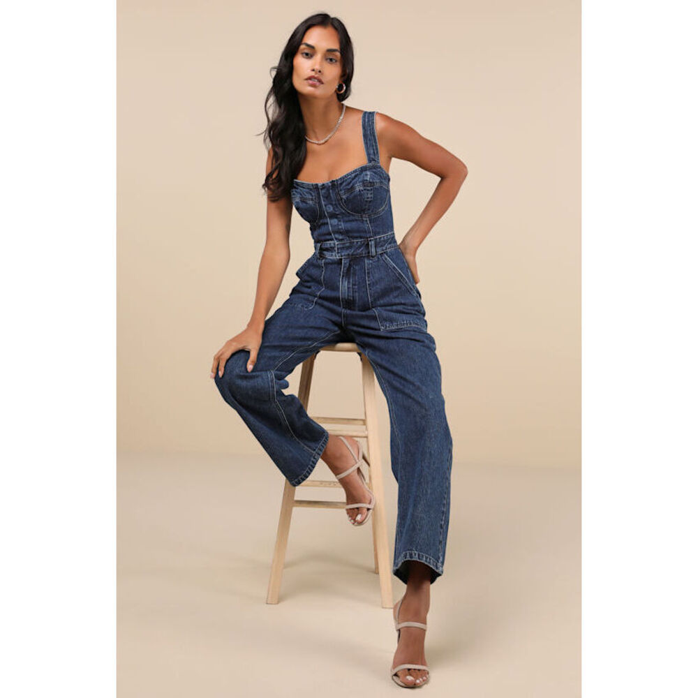 Lulus Fresh Perfection Dark Wash Bustier Sleeveless Denim Jumpsuit Blue - Size S